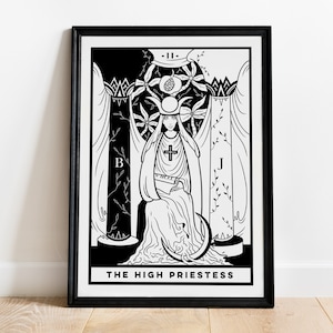 La carta del tarot de la Alta Sacerdotisa (A4 - Imprimir), arcanos mayores, baraja de espera de jinete, impresión de arte, blanco y negro, espiritual brujo, academia oscura