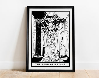 The High Priestess (A4 - Print) tarot card, major arcana, rider waite deck, art print, black and white, witchy spiritual, dark academia