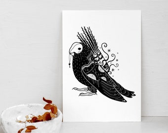 Birdkin (A6 - Postcard) bird illustration print, black and white art, fantasy spirit, witchy magic