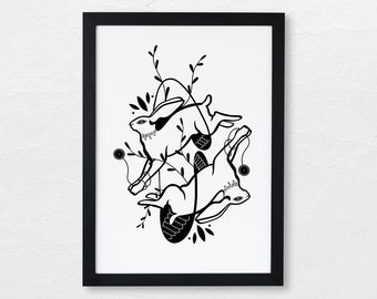 The Wayfarers (Limited Edition Print - A4) • magic rabbit signed illustration • black and white • dark art witchy animal