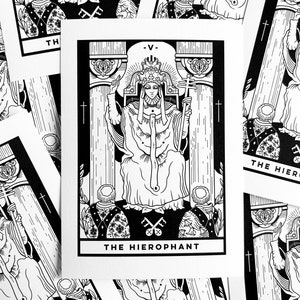La carta de tarot del Hierofante (A6 - Postal), arcanos mayores, baraja de espera de jinete, impresión de arte, blanco y negro, espiritual brujo, academia oscura