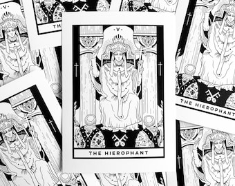 The Hierophant (A6 - Postcard) tarot card, major arcana, rider waite deck, art print, black and white, witchy spiritual, dark academia