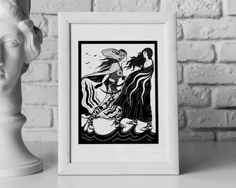 Mirror Sisters (A4 - Limited Edition Print) greek mythology art, athena goddess, historic illustration, black and white, classical history