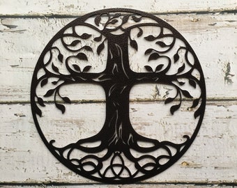 Small CROSS TREE of LIFE 13&quot; Metal Art, Tree With Roots, Modern Tree Wall Decor, Showing Faith Art, Unique Cross Decor, Religious Wall Art