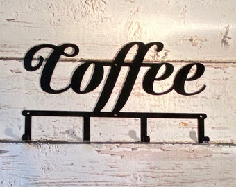 Coffee Cup Metal Wall Hook Hanger, Black Powder Coat Finish