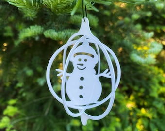 Laser Cut Snowman Ornament, Powder Coated Metal, Holiday Decor