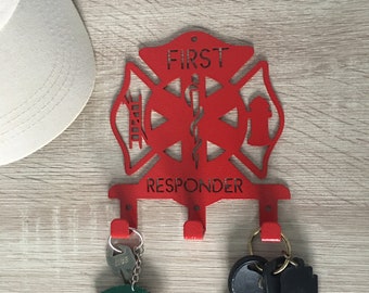 FIRST RESPONDER Decorative Wall Hook Hanger, Emergency Responder Gift, EMS Theme Wall Hanger, Fire and Rescue Decor, Fire Rescue Key Hook