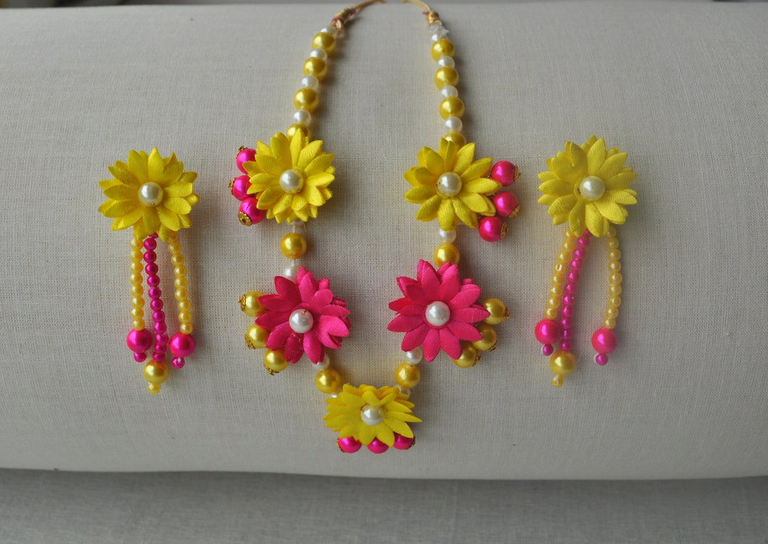 Indian Flower Jewelry Set, Yellow & Pink Flower Jewelry Set, Mehndi