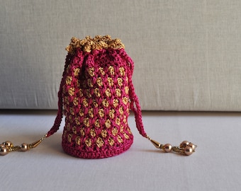 Pink and gold Potali Bag, Crochet Gift Bag, Mom's Gift, Birthday Gift, Puja Gift Bag, Rakhi, Baby Shower, Teacher's Day, Shagun, Shaadi