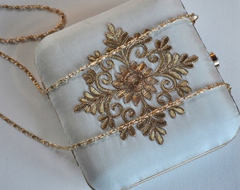 Evening Party Bag, White & Gold Box Clutch, Wedding Party Bag, Silk Handbag, Bridesmaid's Bag, Ivory Clutch,