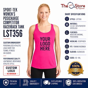 May include: A bright pink racerback tank top featuring the text YOUR LOGO HERE in dark blue. The tank top is sleeveless with a scoop neckline and is made of 3.8-ounce 100% polyester interlock fabric with moisture-wicking and PosiCharge technology.