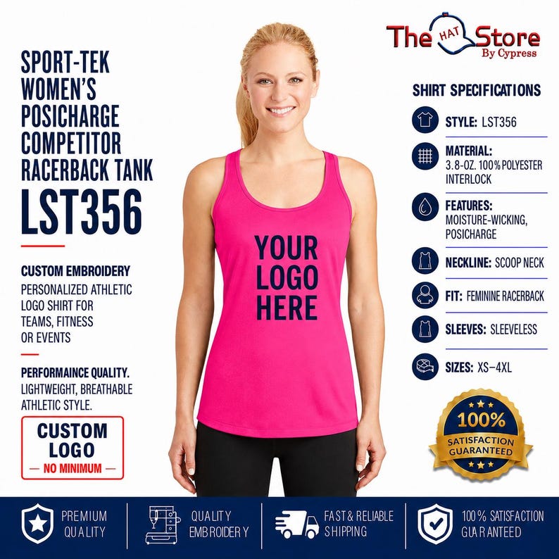 May include: A bright pink racerback tank top featuring the text YOUR LOGO HERE in dark blue. The tank top is sleeveless with a scoop neckline and is made of 3.8-ounce 100% polyester interlock fabric with moisture-wicking and PosiCharge technology.