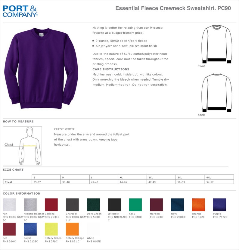 Port & Company® Essential Fleece Crewneck Sweatshirt PC90 - Etsy