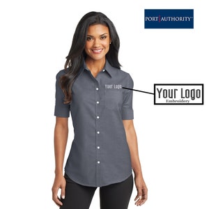 Port Authority® Ladies Short Sleeve SuperPro™ Oxford Shirt L659, Custom Shirt, Embroidery, Business Shirt, Personalized gifts, Custom Logo.