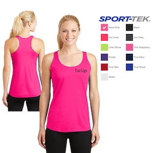 May include: A pink athletic tank top with a scoop neck and racerback. The tank top has the text "Your Logo" printed on the front.