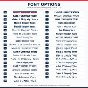 May include: A chart titled FONT OPTIONS PAGE 1 OF 2 displaying thirty-nine distinct black font styles labeled F01 through F39. Each line features the text Make It Uniquely Yours in a different typeface, ranging from block letters to cursive scripts.