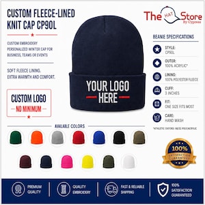 Custom Embroidered Fleece-Lined Knit Beanies - Port Company CP90L Personalized Winter Caps for Teams & Business