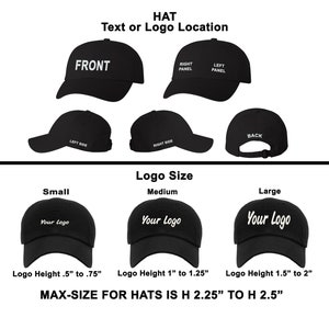 May include: A collection of black baseball caps displaying placement options for text or logos on the front, sides, and back. The image includes labels for small, medium, and large logo sizes with heights ranging from 1.27 cm to 6.35 cm.