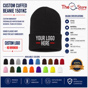 Yupoong 1501KC Custom Embroidered Cuffed Beanie - Personalized Logo Monogram Winter Hat for Teams Business School
