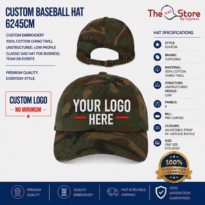 Puede incluir: Una gorra de b&eacute;isbol de camuflaje hecha de 100% sarga de algod&oacute;n con un dise&ntilde;o desestructurado y de perfil bajo. El frente presenta el texto bordado en blanco YOUR LOGO HERE con una l&iacute;nea roja arriba y abajo. Tiene una correa ajustable.