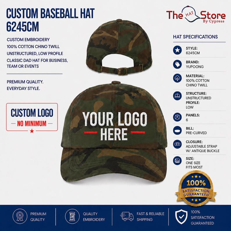 Puede incluir: Una gorra de b&eacute;isbol de camuflaje hecha de 100% sarga de algod&oacute;n con un dise&ntilde;o desestructurado y de perfil bajo. El frente presenta el texto bordado en blanco YOUR LOGO HERE con una l&iacute;nea roja arriba y abajo. Tiene una correa ajustable.