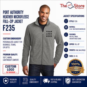 May include: A heather gray Port Authority full-zip microfleece jacket featuring a mock neck collar, long sleeves, and two front pockets. The chest area displays the text YOUR LOGO HERE. The jacket is made of 4.6-ounce 100% polyester microfleece.