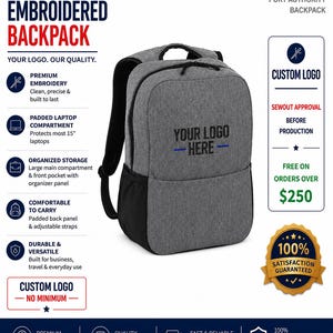 May include: A heather gray backpack with black side panels and black zippers. The front features the embroidered text "YOUR LOGO HERE" in black with a blue horizontal line. The backpack includes adjustable shoulder straps and a padded back panel.
