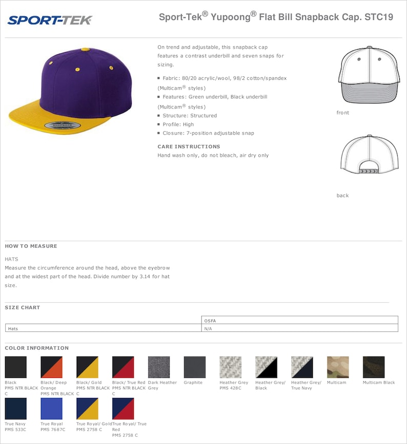 Casquette plate snapback Sport-Tek® STC19, chapeaux personnalisés, chapeaux brodés, chapeaux monogrammés, affaires, équipes de baseball, personnalisés. image 8