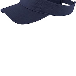 May include: A solid navy blue visor with a curved brim and a textured fabric finish. The headwear features an adjustable strap at the back to secure the fit, providing a simple and functional design for sun protection during outdoor activities.