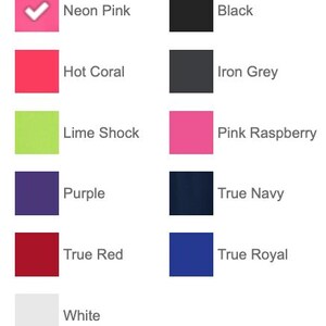 May include: A color chart featuring eleven square swatches with corresponding text labels: Neon Pink with a white checkmark, Hot Coral, Lime Shock, Purple, True Red, White, Black, Iron Grey, Pink Raspberry, True Navy, and True Royal.
