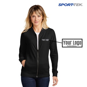 May include: Black zip-up bomber jacket with long sleeves and two front pockets. The jacket has "Your Logo" embroidered on the left chest.