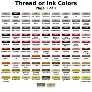 May include: A colour chart titled Thread or Ink Colours Page 1 of 2, displaying a grid of rectangular swatches. Each swatch features a unique four-digit identification number and a specific colour name, ranging from neutrals to vibrant hues.