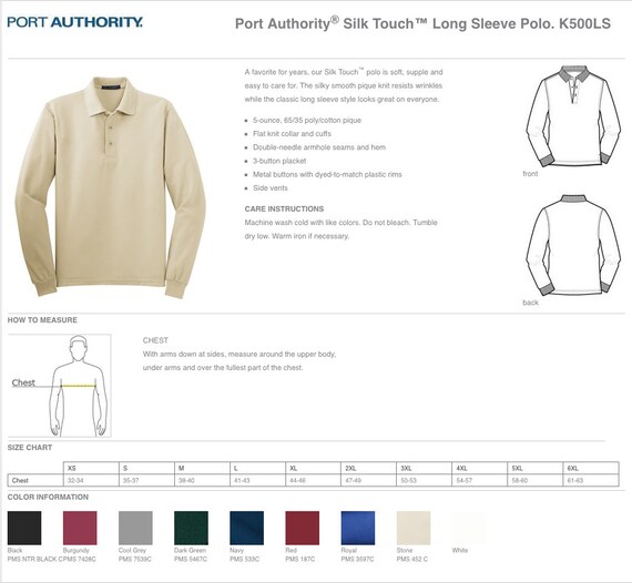 Port Authority Silk Touch Polo Size Chart