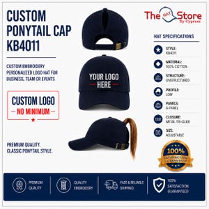 May include: A navy blue ponytail cap with a metal tri-glide closure, featuring a six-panel unstructured design. The front displays the text YOUR LOGO HERE. The cap includes a rear opening for a ponytail and is labeled as 100% cotton material.