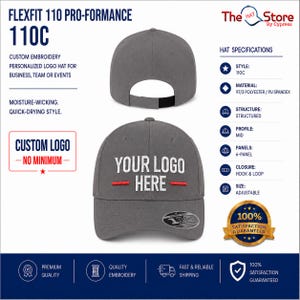 May include: A grey Flexfit 110 Pro-formance 110C baseball cap with a six-panel structured design, adjustable hook and loop closure, and moisture-wicking fabric. The front features white embroidered text reading YOUR LOGO HERE with two red horizontal lines.