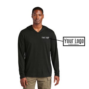 May include: Black long-sleeve hooded shirt with a  "Your Logo Embroidery" text on the left chest.
