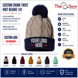 Custom Chunk Twist Knit Beanie with Cuff - Richardson 141, Embroidery Logo Monogram Business Team Personalized