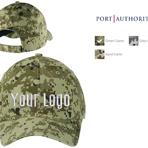 May include: A green camouflage baseball cap with the text "Your Logo" embroidered in white on the front. The cap is shown from the front and the back.