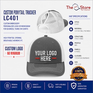 May include: A grey and white trucker hat with a ponytail opening, featuring a 6-panel structured design, a 7-position snapback closure, and white embroidered text on the front that reads YOUR LOGO HERE with two horizontal red lines.