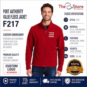 May include: A red Port Authority Value Fleece Jacket F217 with a mock neck, full-length front zipper, and two zippered front pockets. The jacket features a placeholder for a logo on the left chest. Text includes The Hat Store By Cypress and Fleece Specifications.