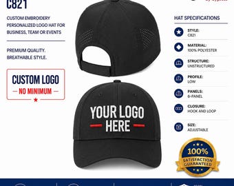 May include: A black 6-panel baseball cap with an unstructured, low-profile design and a hook and loop closure. The front features white embroidered text reading YOUR LOGO HERE with a red horizontal line. The cap is made of 100% polyester.