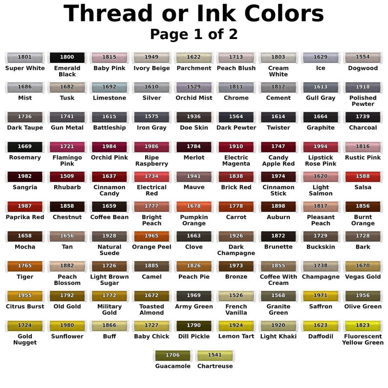 Puede incluir: Una carta de colores titulada Thread or Ink Colors Page 1 of 2, que muestra una cuadr&iacute;cula de muestras rectangulares. Cada muestra presenta un c&oacute;digo num&eacute;rico &uacute;nico y un nombre de color correspondiente, desde Super White hasta Chartreuse.