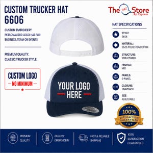 May include: A navy blue and white 6-panel trucker hat with a snapback closure. The front features the white text 'YOUR LOGO HERE' with two red horizontal lines. The hat has a structured mid-profile design made of 65/35 polyester and cotton.