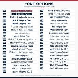 Puede incluir: Una tabla de opciones de fuentes titulada FONT OPTIONS, PAGE 1 OF 2, que muestra 39 estilos de letras negros distintos etiquetados de F01 a F39. Cada l&iacute;nea presenta la frase Make It Uniquely Yours en una tipograf&iacute;a diferente, desde serif a script.