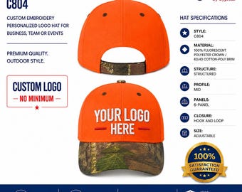 May include: A six-panel baseball hat with a bright orange crown and a camouflage patterned brim. The front features white embroidered text that reads YOUR LOGO HERE. The hat has a structured mid-profile design with an adjustable hook and loop closure.