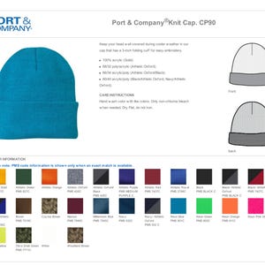 May include: A turquoise blue knit cap with a 3-inch folding cuff. The cap is made of 100% acrylic and is available in a variety of colors. Care instructions include hand washing with like colors and using non-chlorine bleach when needed. Dry flat, do not iron.