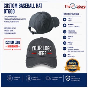 May include: A dark grey baseball hat with a distressed finish, featuring a six-panel unstructured design, a low profile, and an adjustable self-fabric hideaway strap with a metal D-ring slider. The front displays the text YOUR LOGO HERE.