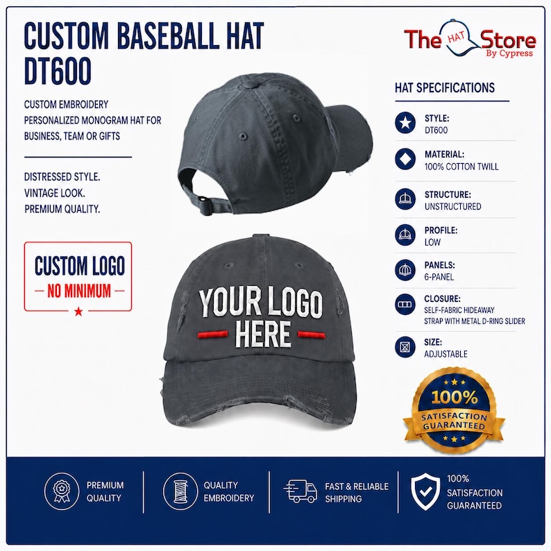 May include: A dark grey baseball hat with a distressed finish, featuring a six-panel unstructured design, a low profile, and an adjustable self-fabric hideaway strap with a metal D-ring slider. The front displays the text YOUR LOGO HERE.