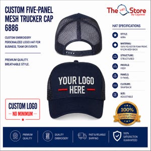 May include: A navy blue five-panel mesh trucker cap with a snapback closure. The front panel features the embroidered text YOUR LOGO HERE in white with two horizontal red lines. The back consists of a dark mesh material with an adjustable strap.