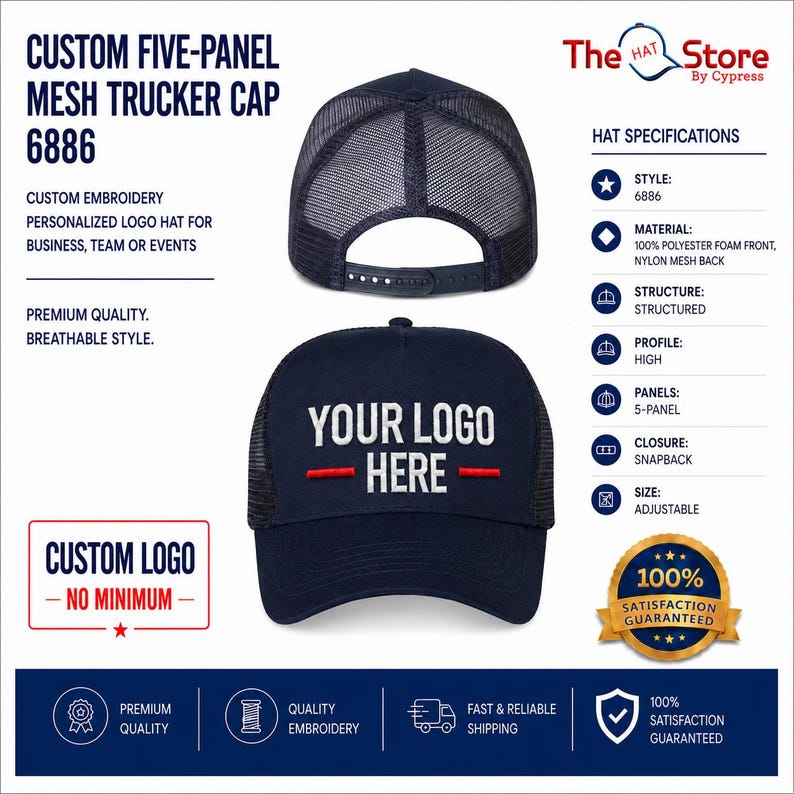 May include: A navy blue five-panel mesh trucker cap with a snapback closure. The front panel features the embroidered text YOUR LOGO HERE in white with two horizontal red lines. The back consists of a dark mesh material with an adjustable strap.